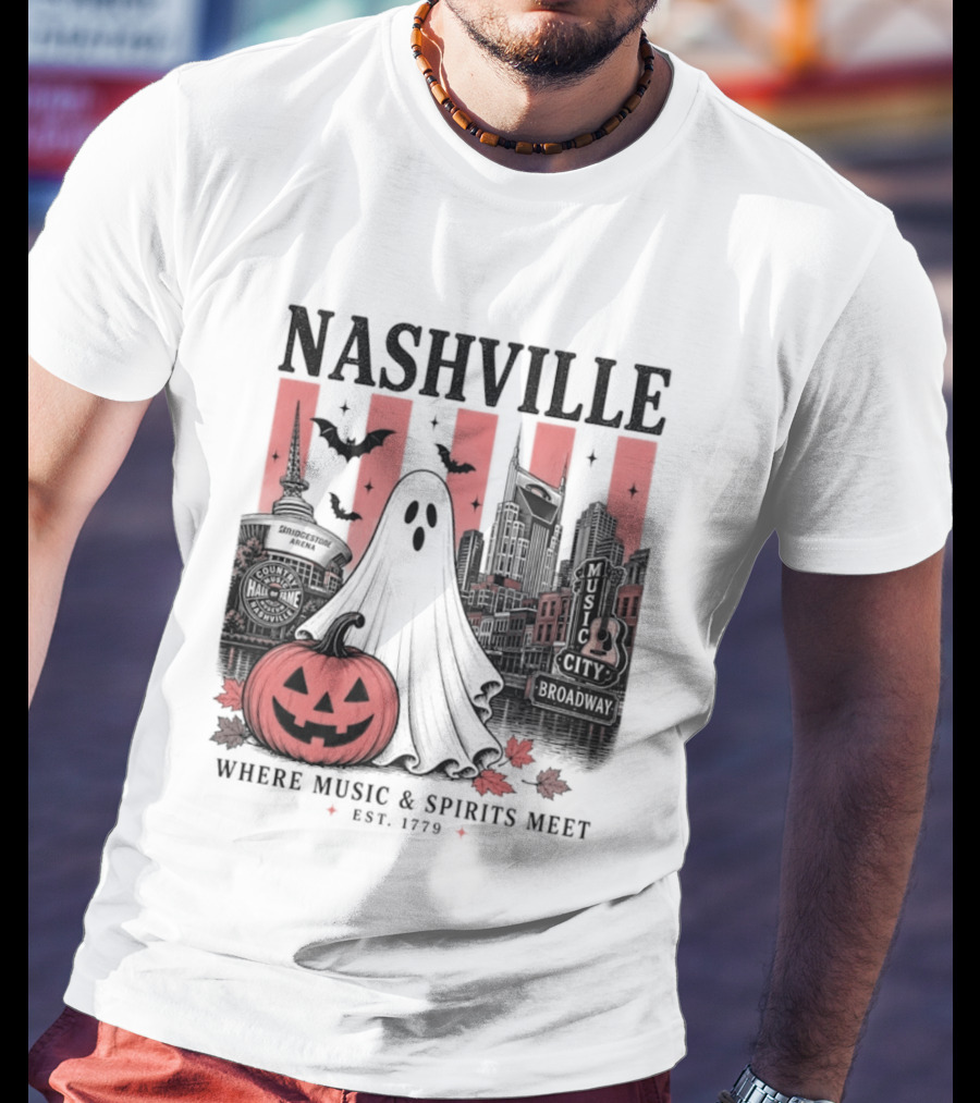 Nashville Halloween Ghost Music Spirits Skyline Pumpkin Bats T-Shirt