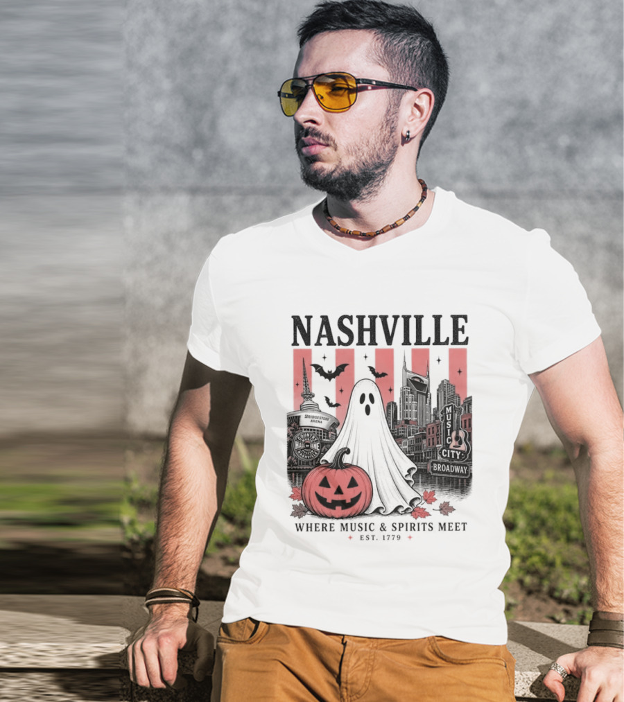 Nashville Halloween Ghost Music Spirits Skyline Pumpkin Bats T-Shirt