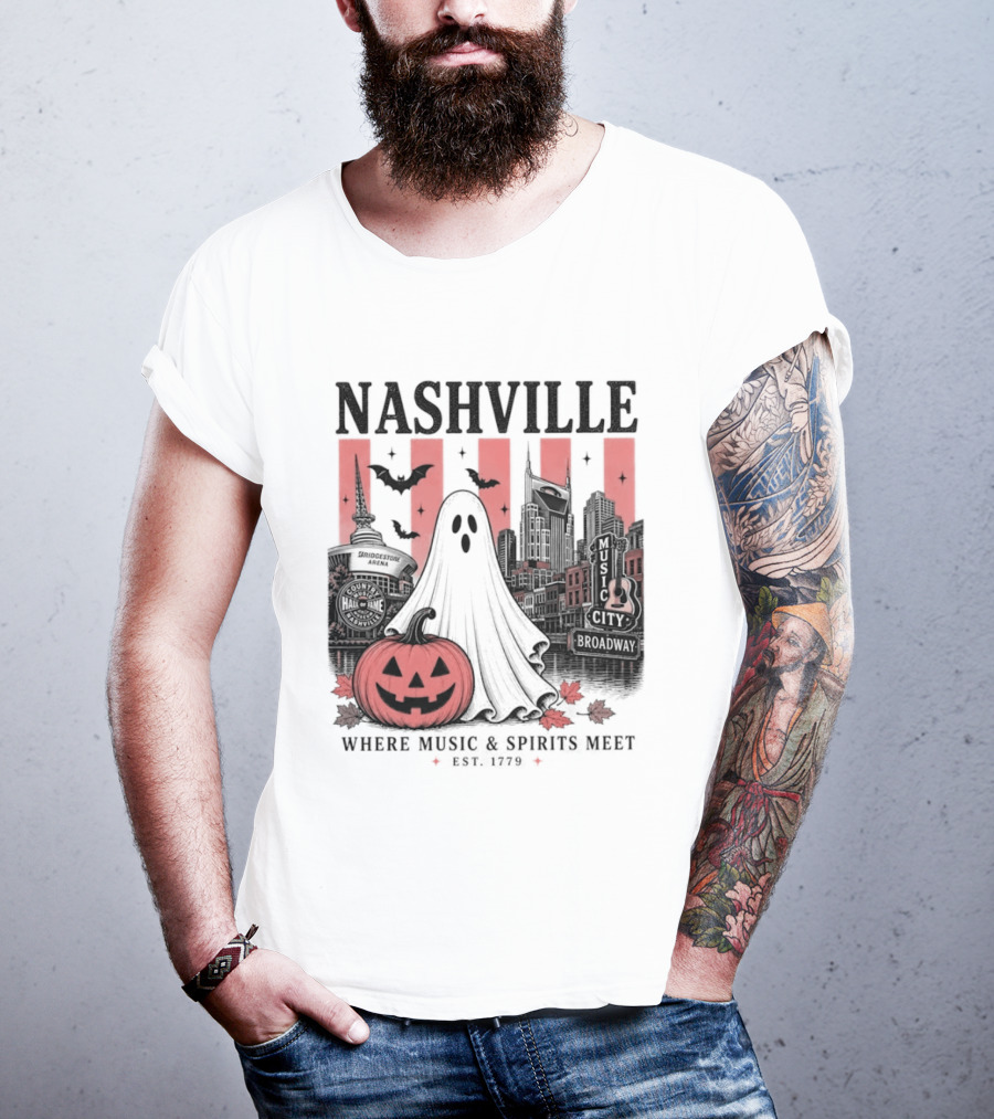 Nashville Halloween Ghost Music Spirits Skyline Pumpkin Bats T-Shirt