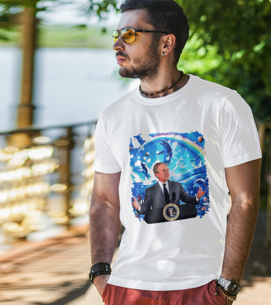 George W Bush Dolphins Coexist Peacefully With Rainbow And Ocean Scene T-Shirt