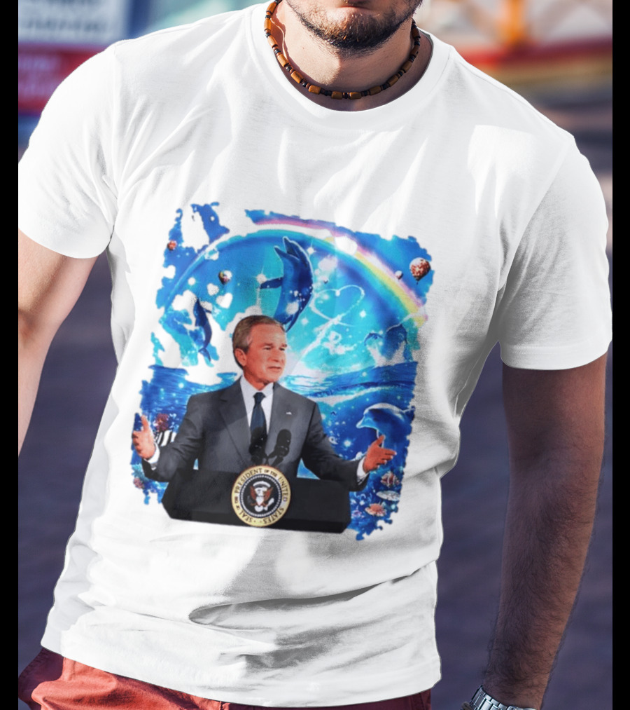 George W Bush Dolphins Coexist Peacefully With Rainbow And Ocean Scene T-Shirt