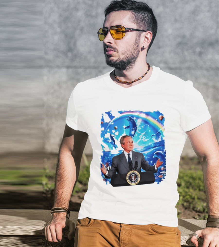 George W Bush Dolphins Coexist Peacefully With Rainbow And Ocean Scene T-Shirt