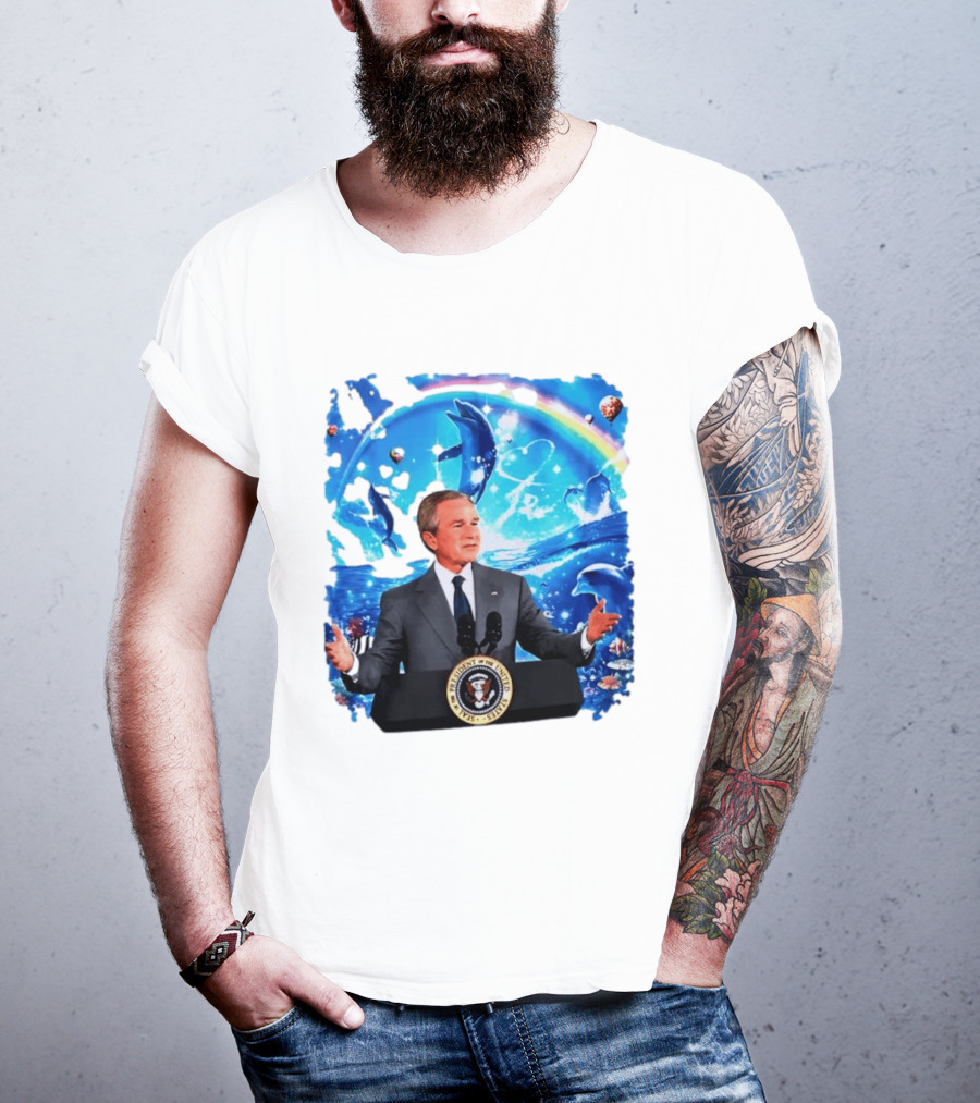 George W Bush Dolphins Coexist Peacefully With Rainbow And Ocean Scene T-Shirt