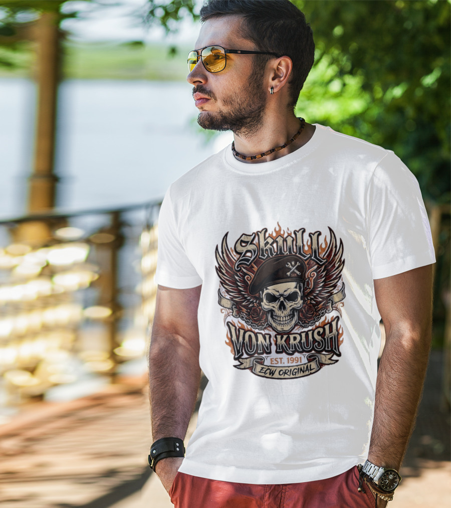 Skull Von Krush SVK Est 1991 ECW Original Flame Wings Roses T-Shirt