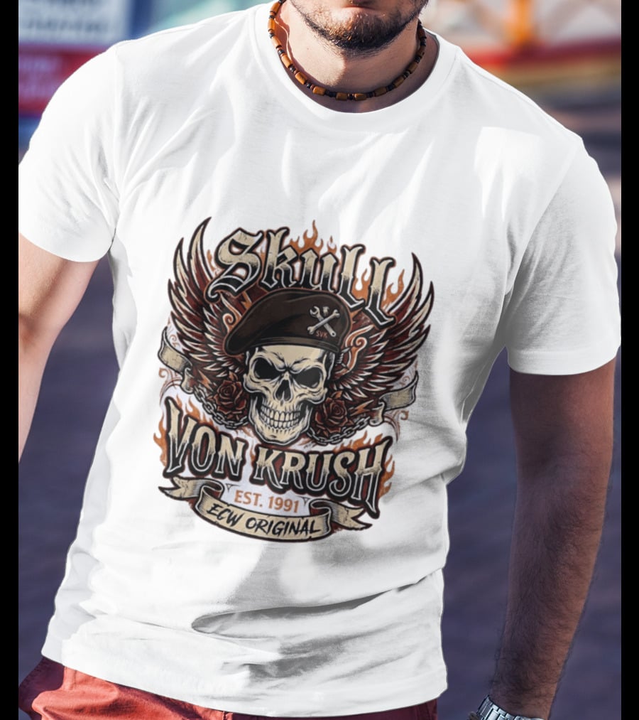 Skull Von Krush SVK Est 1991 ECW Original Flame Wings Roses T-Shirt