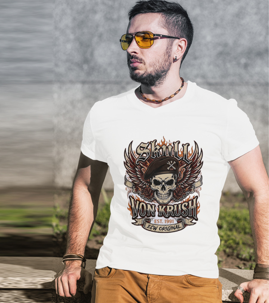 Skull Von Krush SVK Est 1991 ECW Original Flame Wings Roses T-Shirt