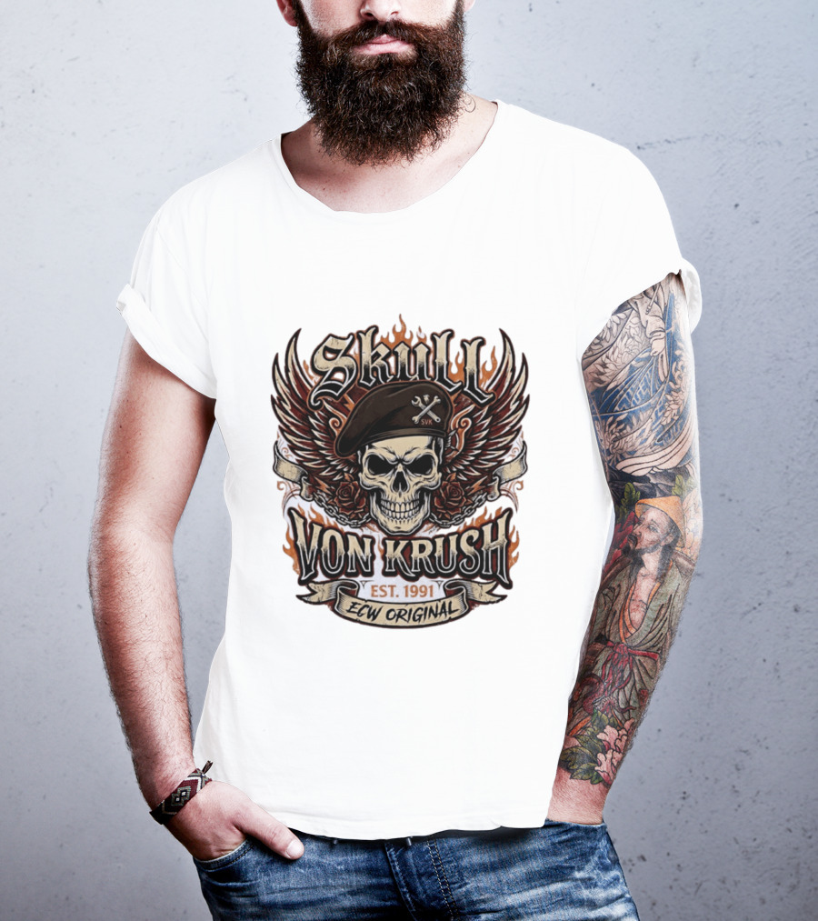 Skull Von Krush SVK Est 1991 ECW Original Flame Wings Roses T-Shirt