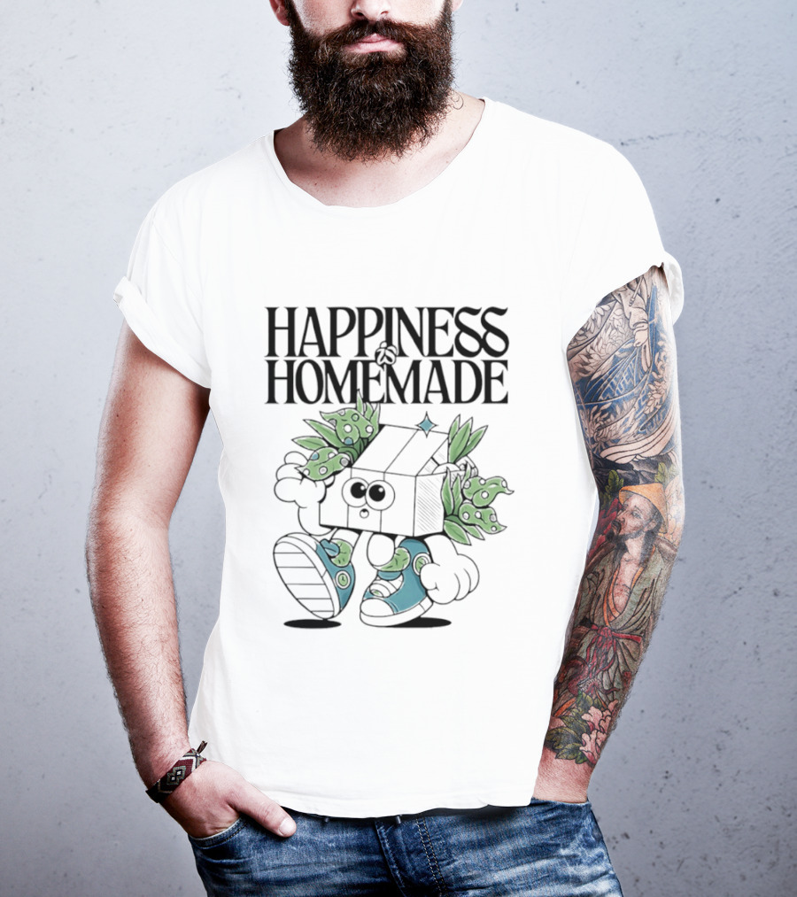 Happiness Is Homemade Cute Cartoon Box Character With Flowers T-Shirt