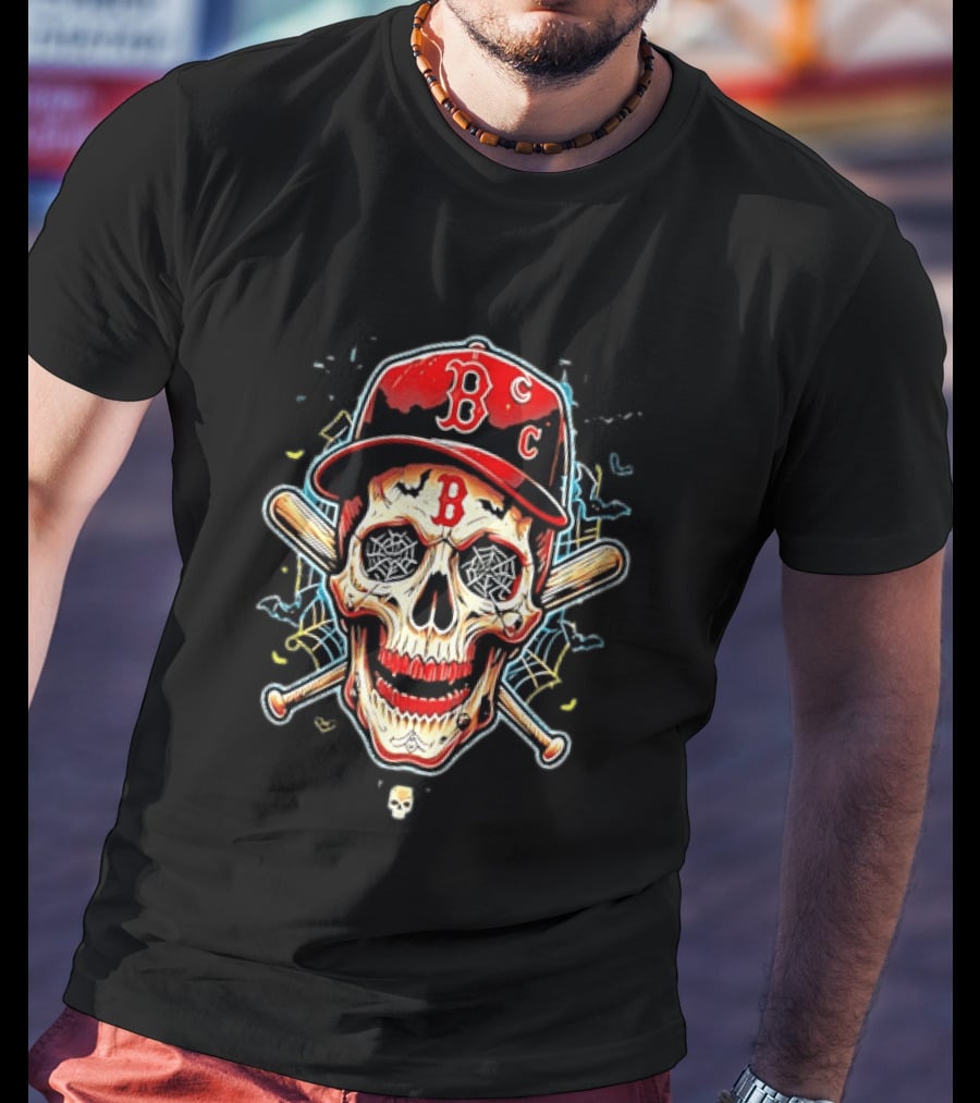 Boston Red Sox Skull Baseball Crossed Bats Red Cap T-Shirt