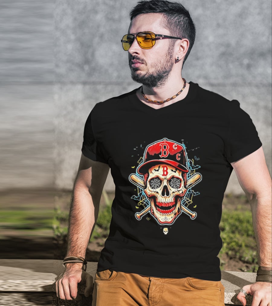 Boston Red Sox Skull Baseball Crossed Bats Red Cap T-Shirt