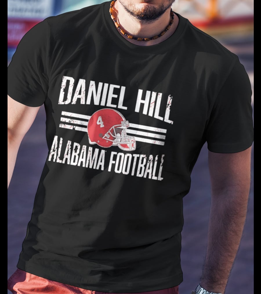 Daniel Hill Alabama Football Number 4 Red Helmet Distressed T-Shirt