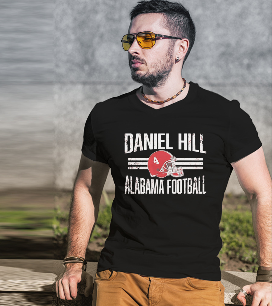 Daniel Hill Alabama Football Number 4 Red Helmet Distressed T-Shirt
