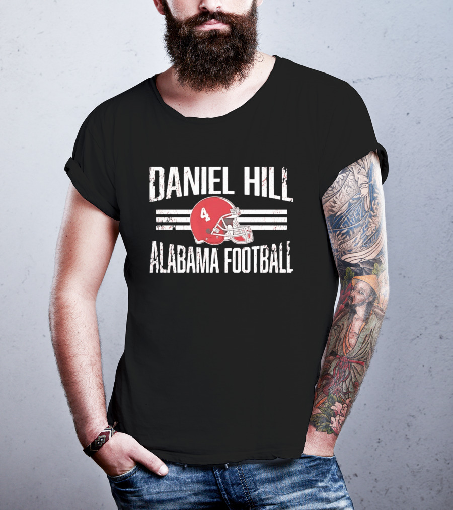 Daniel Hill Alabama Football Number 4 Red Helmet Distressed T-Shirt