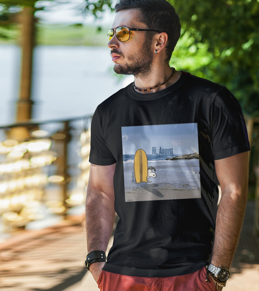 Snoopy Hi August Surfboard Beach Scene By Schulz T-Shirt