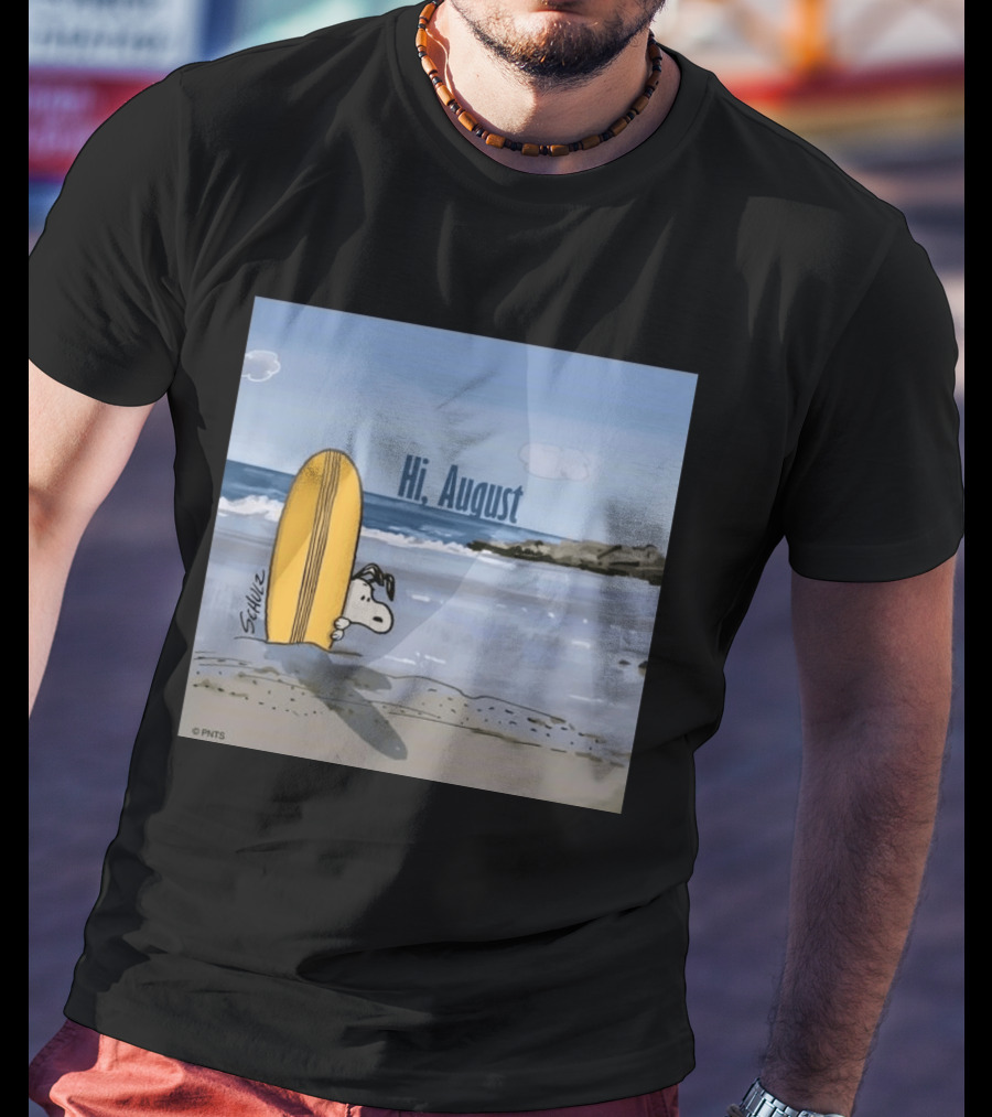Snoopy Hi August Surfboard Beach Scene By Schulz T-Shirt