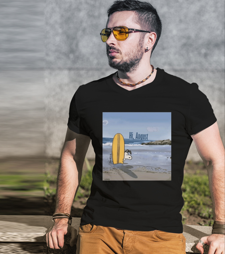 Snoopy Hi August Surfboard Beach Scene By Schulz T-Shirt