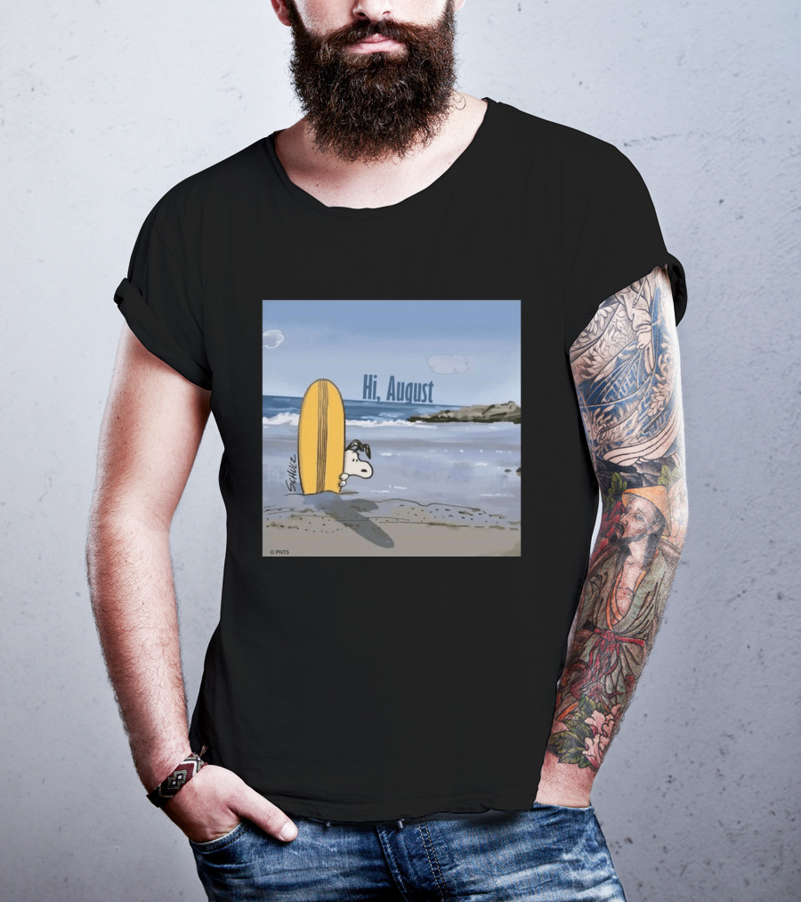Snoopy Hi August Surfboard Beach Scene By Schulz T-Shirt