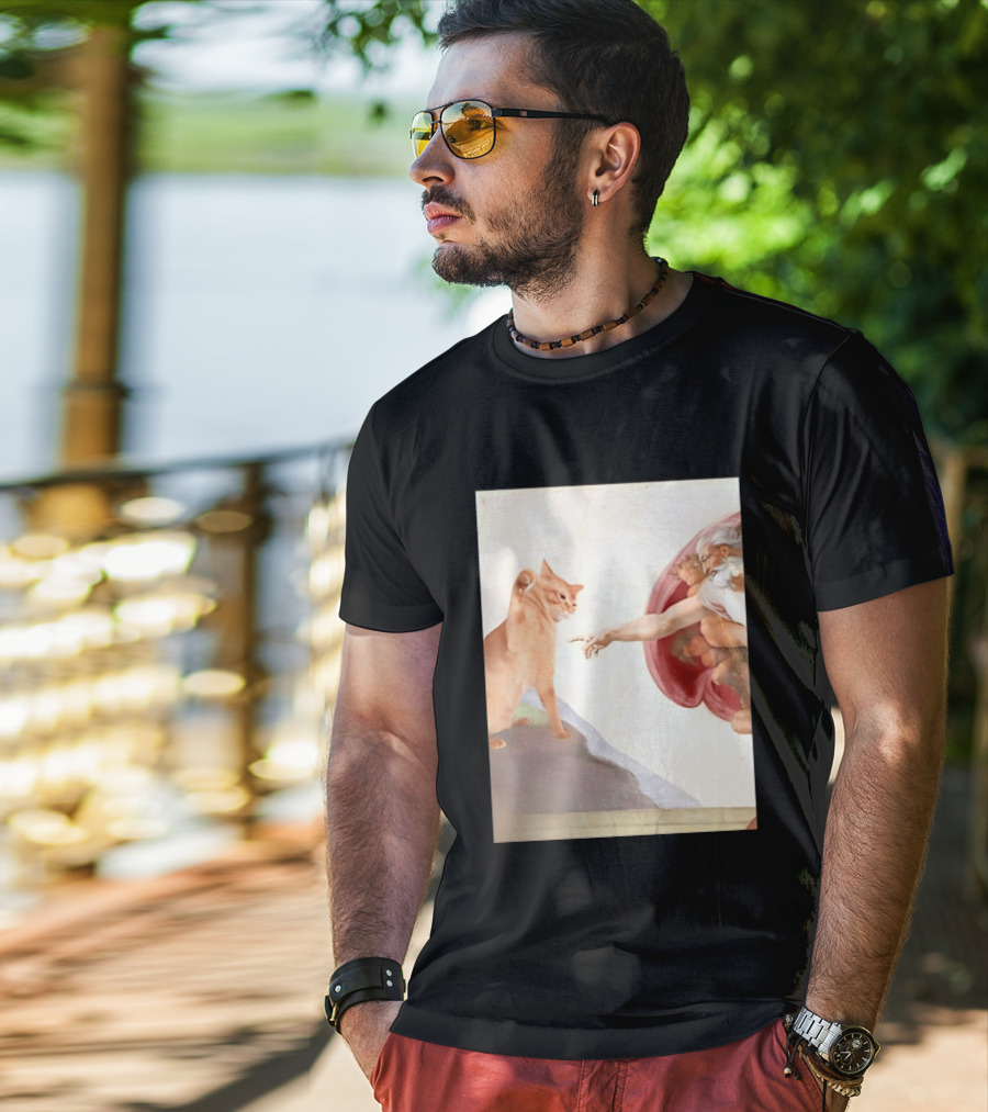 The Creation Of Adam With A Cat By Michelangelo T-Shirt