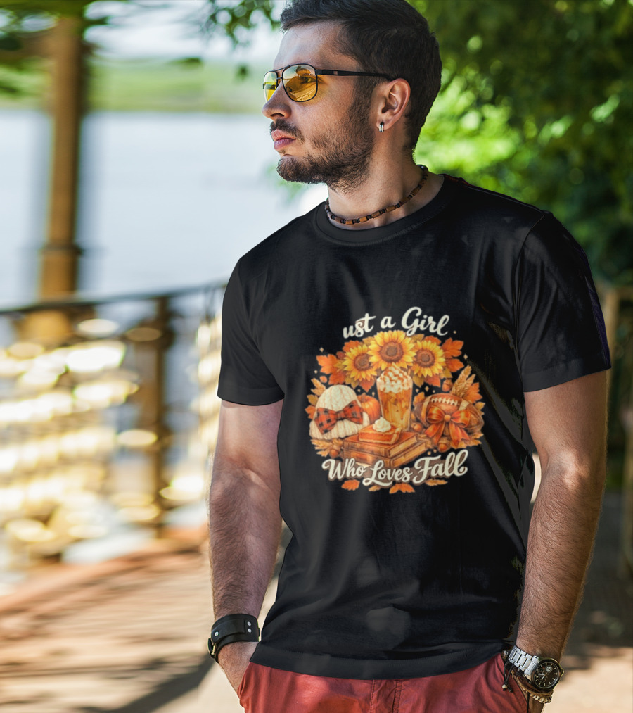 Just A Girl Who Loves Fall Sunflowers Pumpkins Leaves Cozy Autumn Aesthetic Football T-Shirt