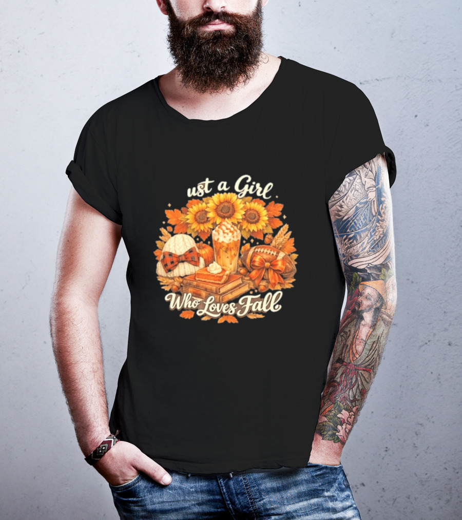 Just A Girl Who Loves Fall Sunflowers Pumpkins Leaves Cozy Autumn Aesthetic Football T-Shirt