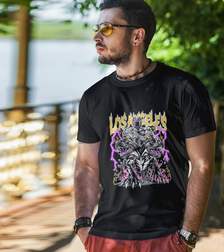 Los Angeles Rider With Two Headed Pitbull And Flames T-Shirt