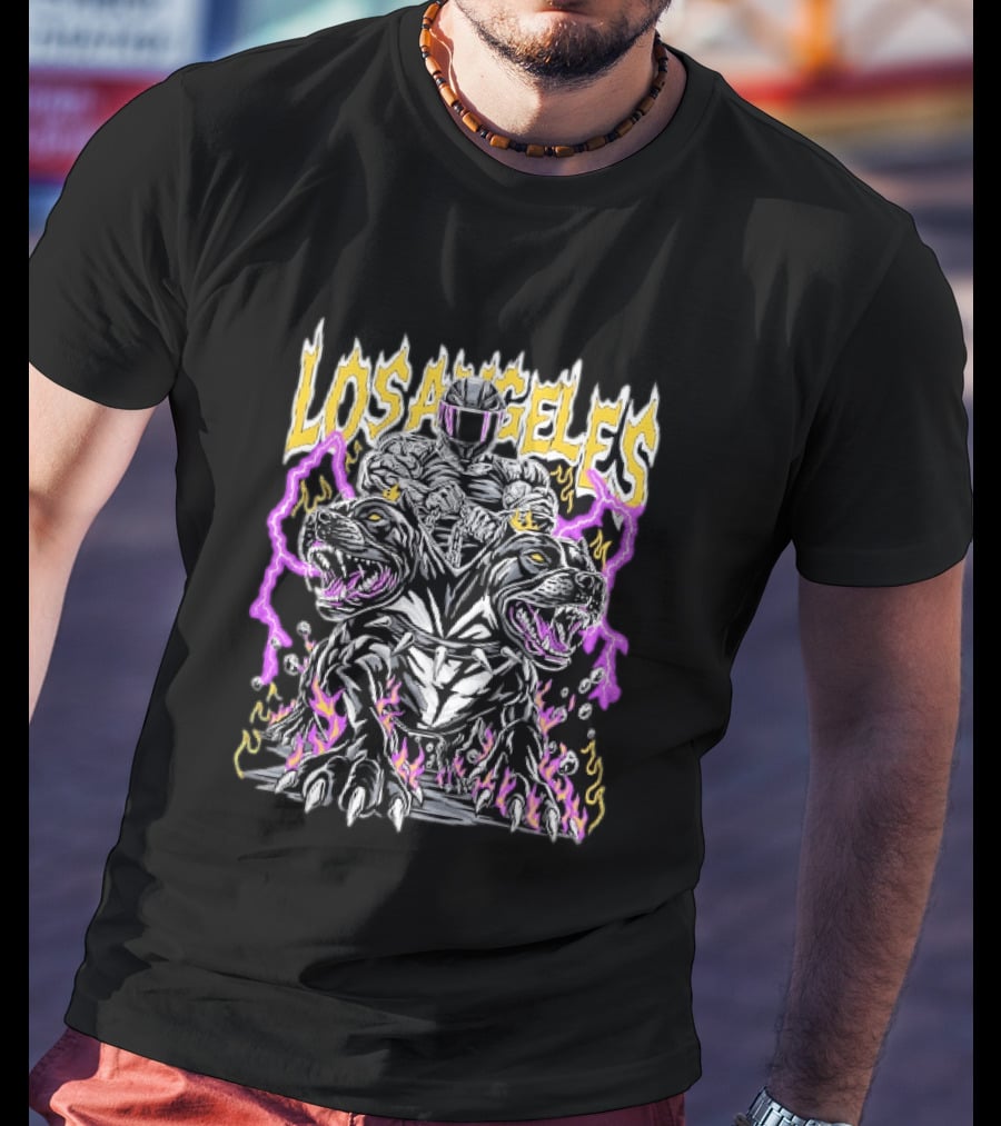 Los Angeles Rider With Two Headed Pitbull And Flames T-Shirt