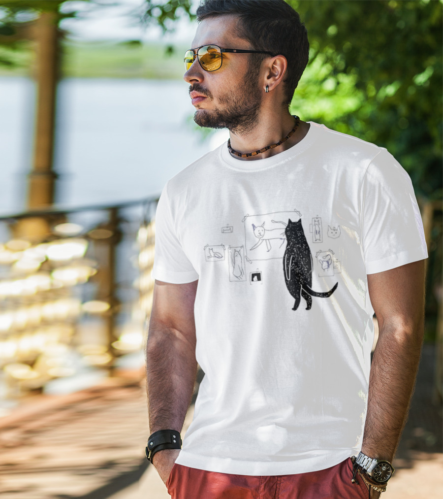 Black Cat Observing Doodle Drawings Of Cats T-Shirt