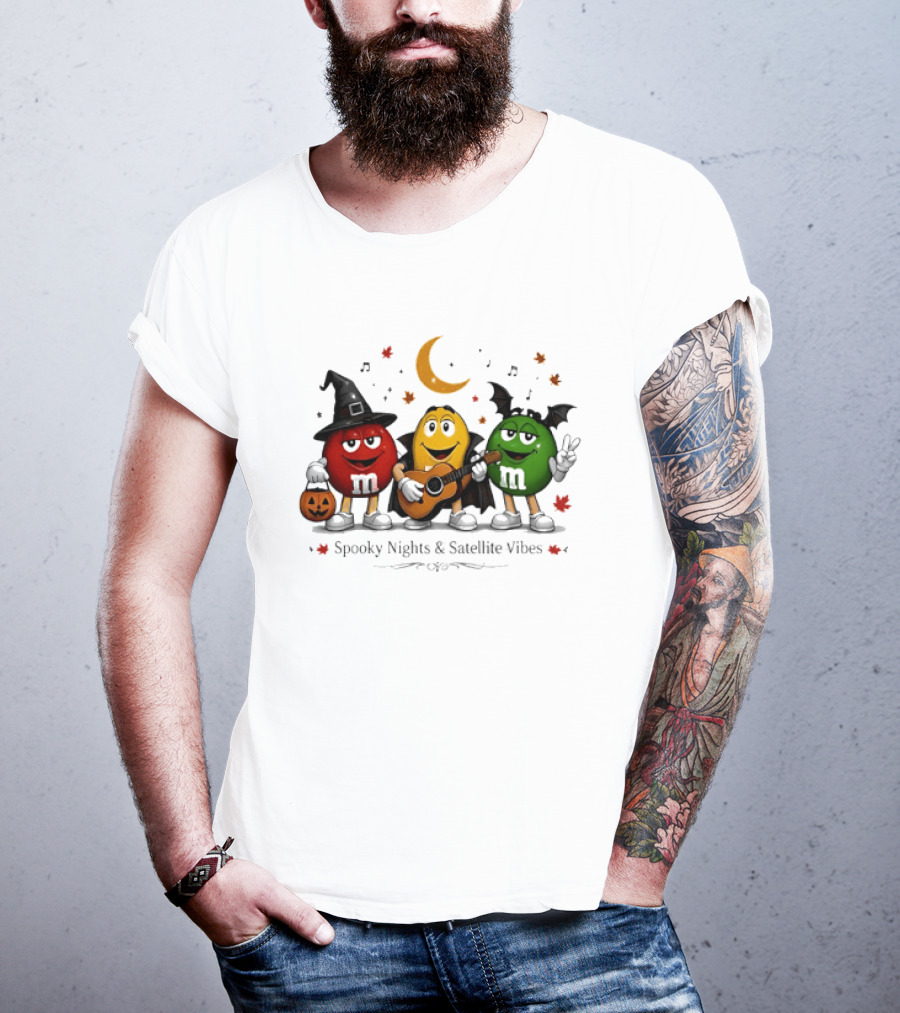M&M's Spooky Nights & Satellite Vibes Halloween Pumpkin Witch Guitar Bat Moon T-Shirt