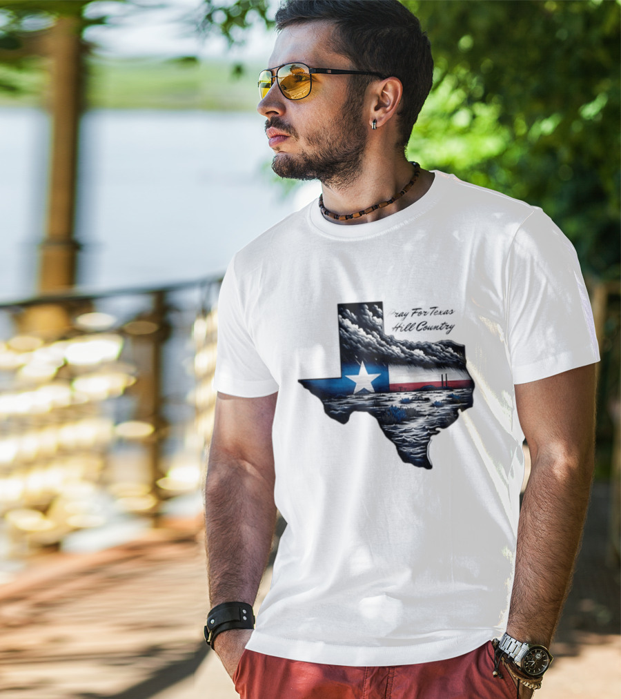 Pray For Texas Hill Country Map Texas Flag Storm Clouds T-Shirt