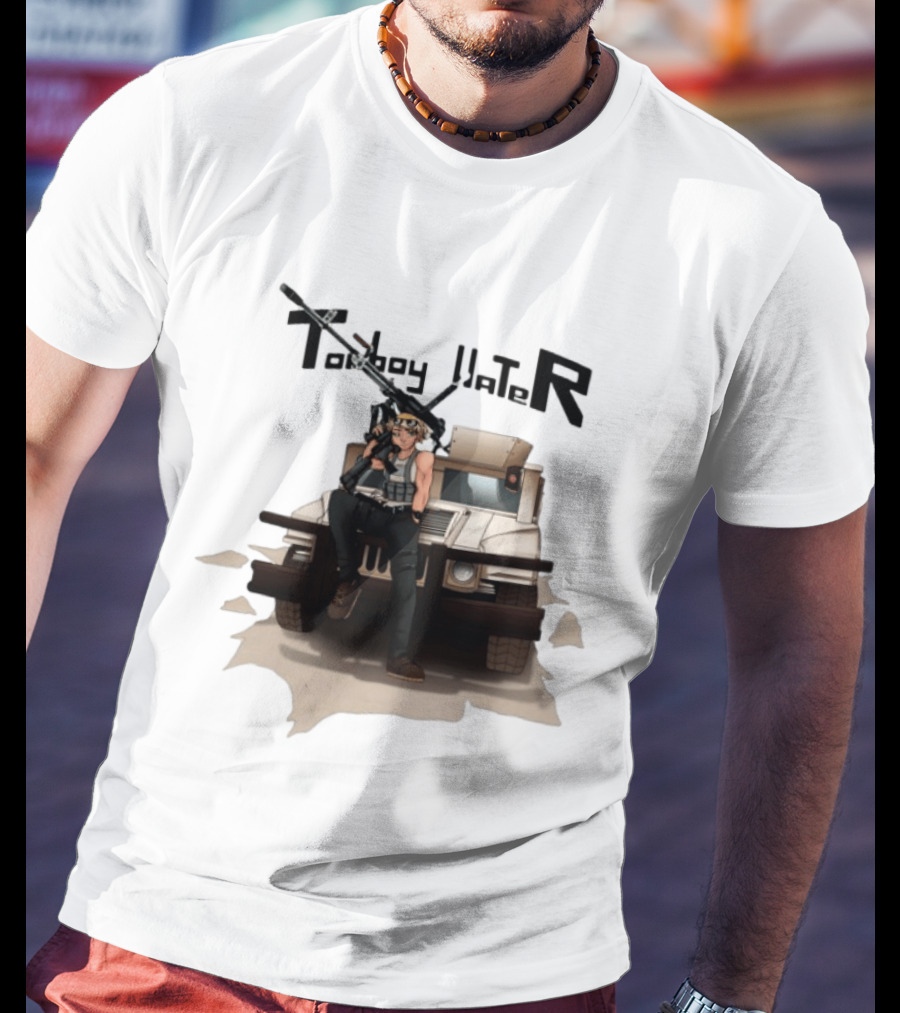 Tomboy Hater Anime Character With Gun And Armored Vehicle T-Shirt