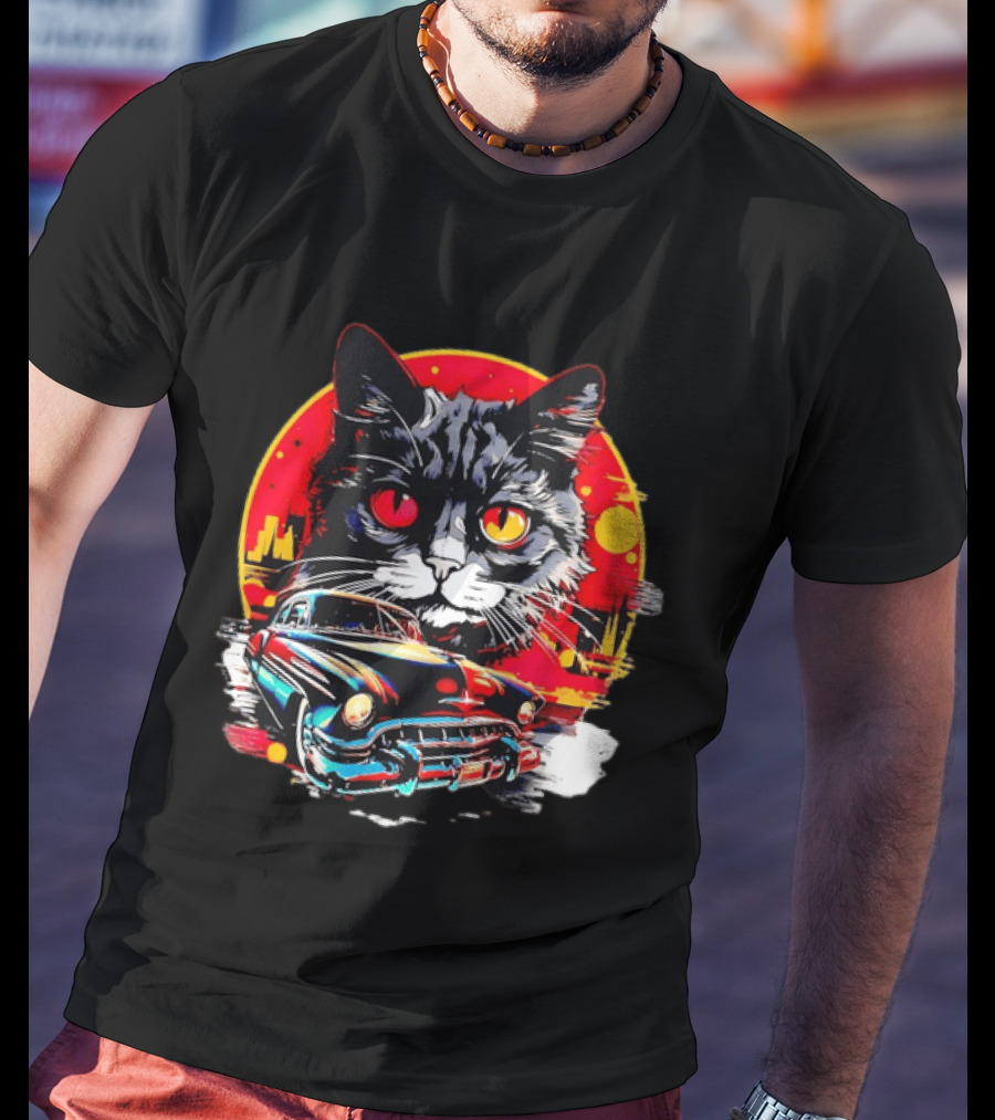 Black Cat With Vintage Classic Car And Retro Sunset T-Shirt
