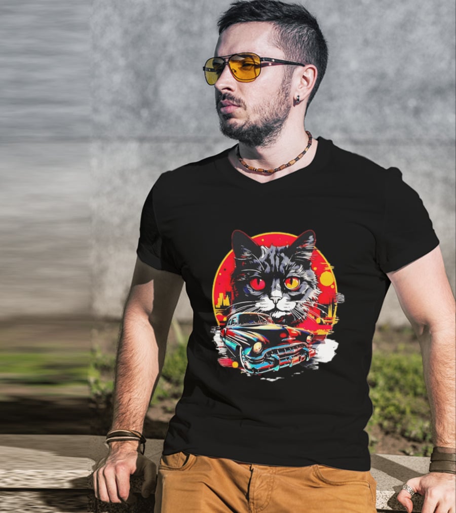 Black Cat With Vintage Classic Car And Retro Sunset T-Shirt