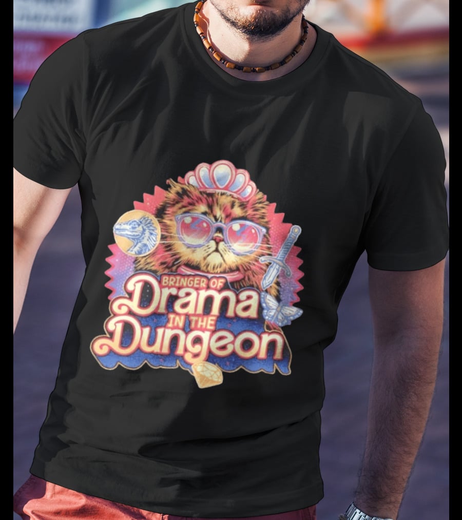 Bringer Of Drama In The Dungeon Cat With Raptor Dagger Butterfly Diamond T-Shirt