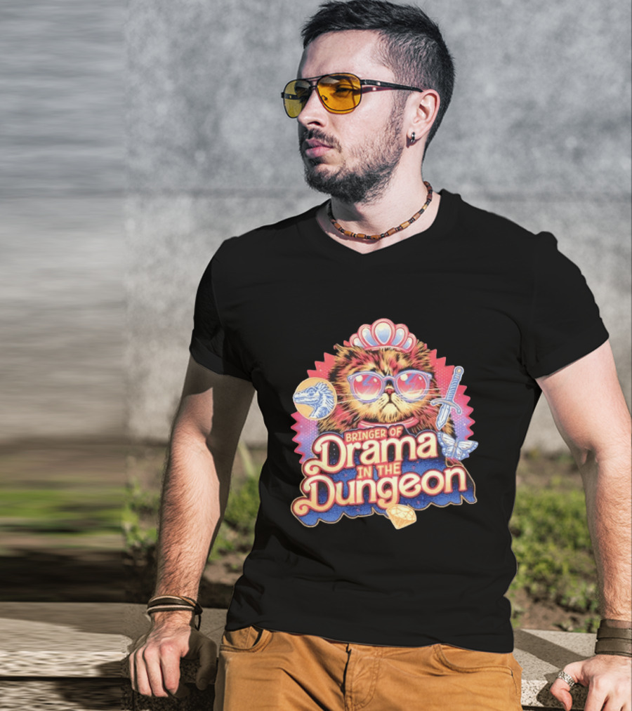 Bringer Of Drama In The Dungeon Cat With Raptor Dagger Butterfly Diamond T-Shirt