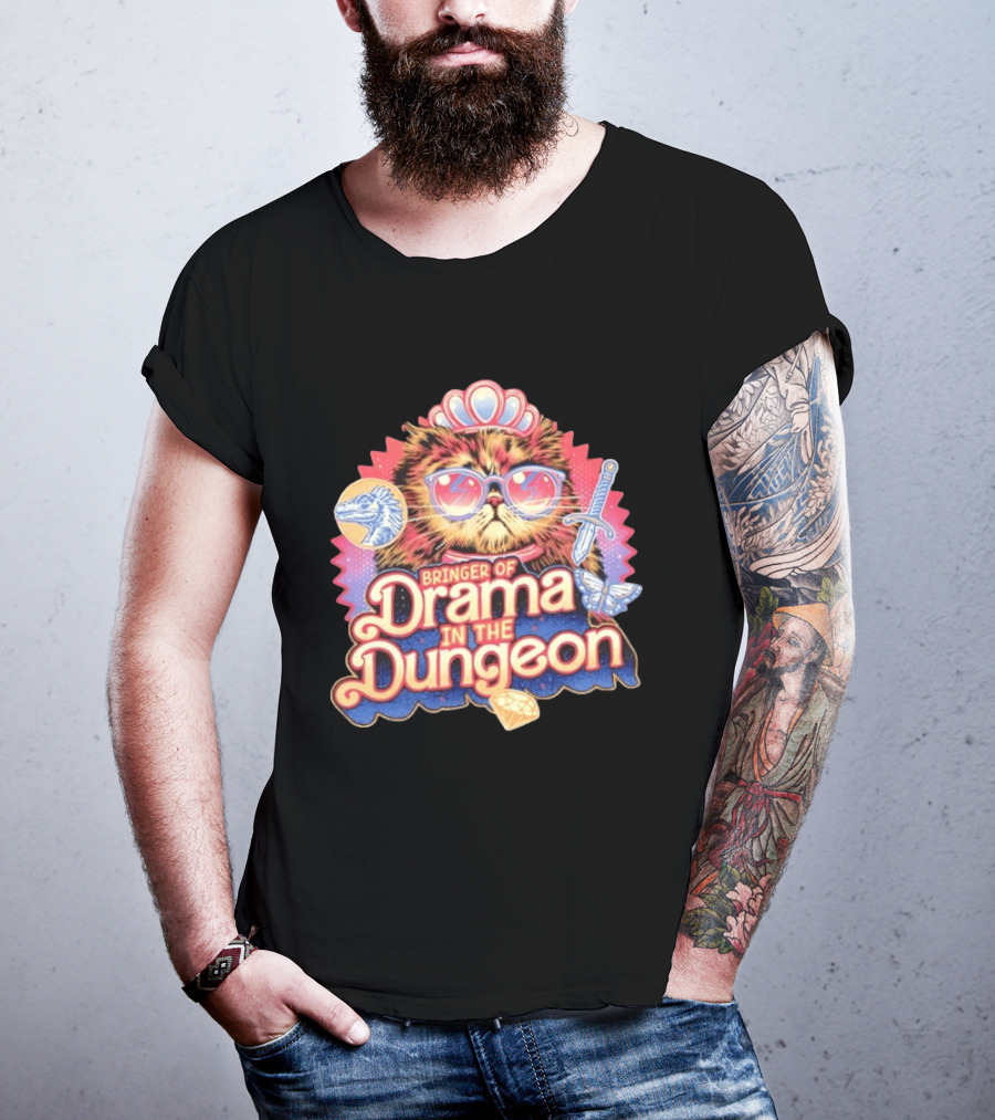Bringer Of Drama In The Dungeon Cat With Raptor Dagger Butterfly Diamond T-Shirt