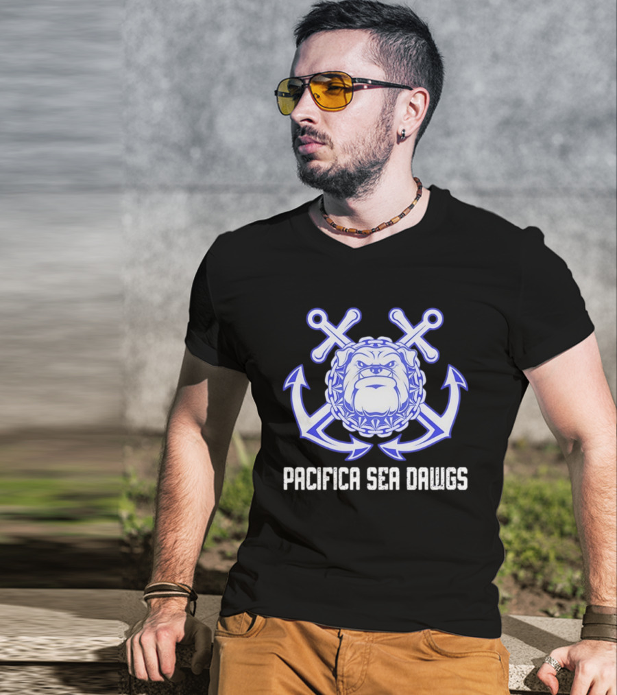 Pacifica Sea Dawgs Bulldog Anchor Crossed Swords Sports Team T-Shirt