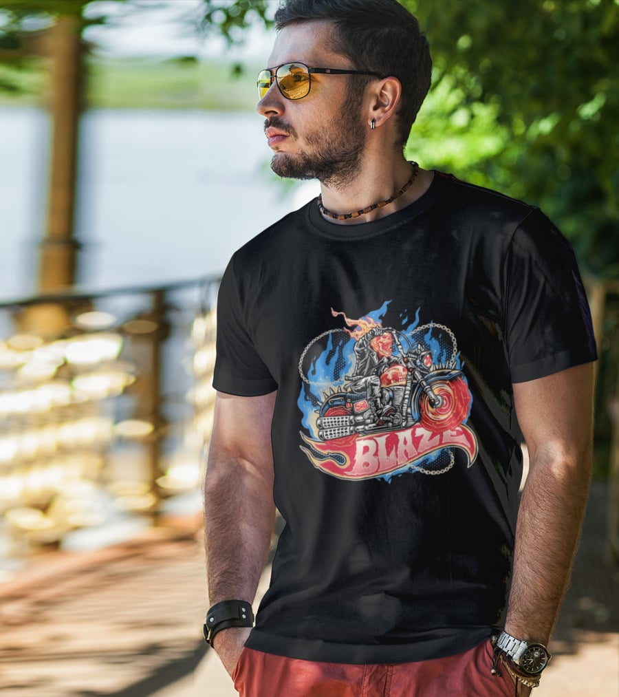 Blaze Flaming Skull Motorcycle Rider Blue Flame T-Shirt