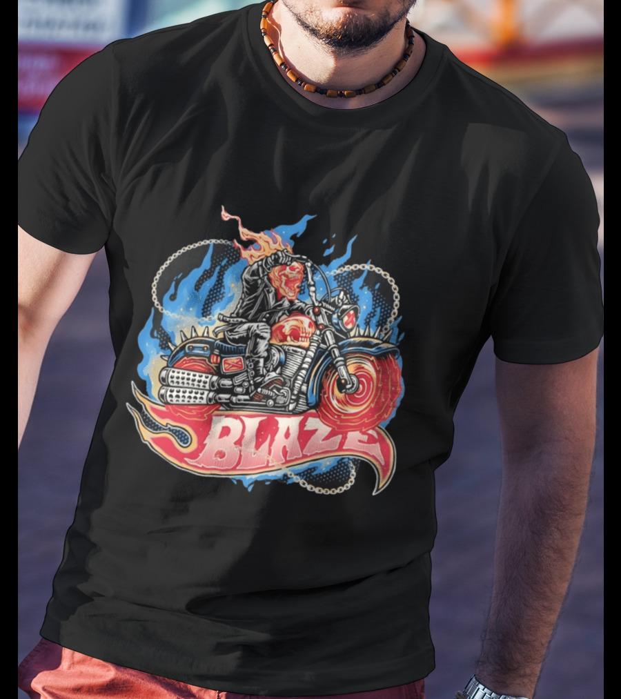 Blaze Flaming Skull Motorcycle Rider Blue Flame T-Shirt