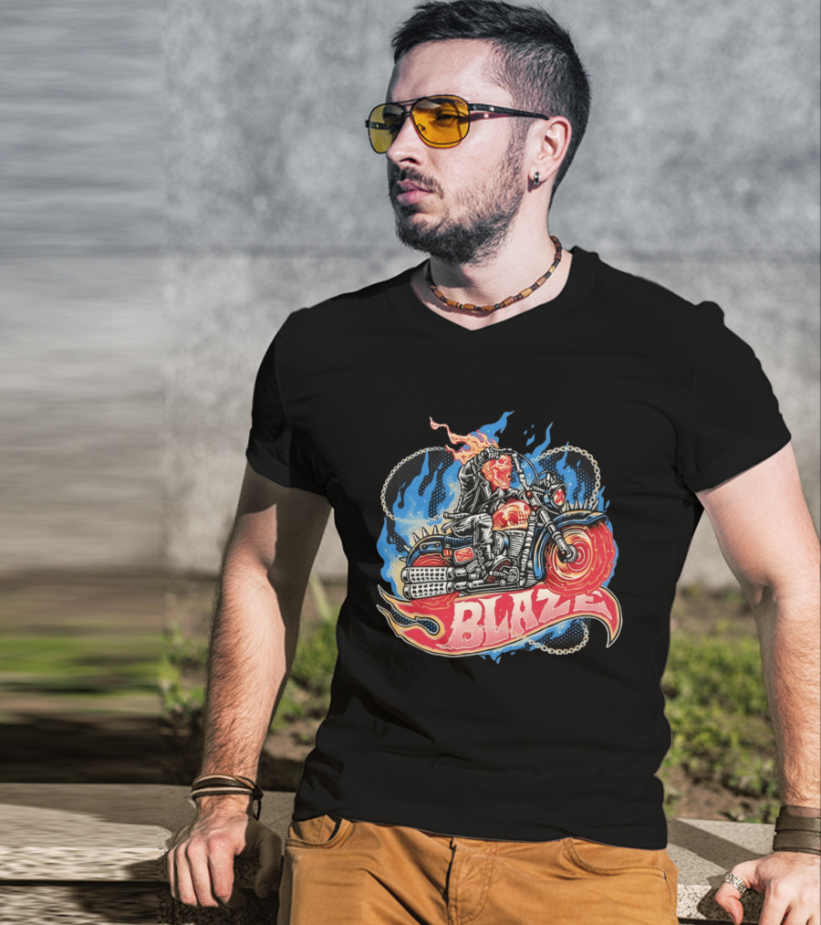 Blaze Flaming Skull Motorcycle Rider Blue Flame T-Shirt