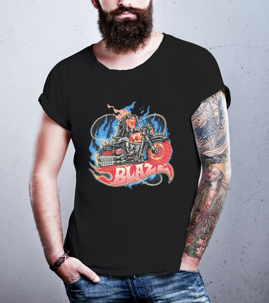 Blaze Flaming Skull Motorcycle Rider Blue Flame T-Shirt