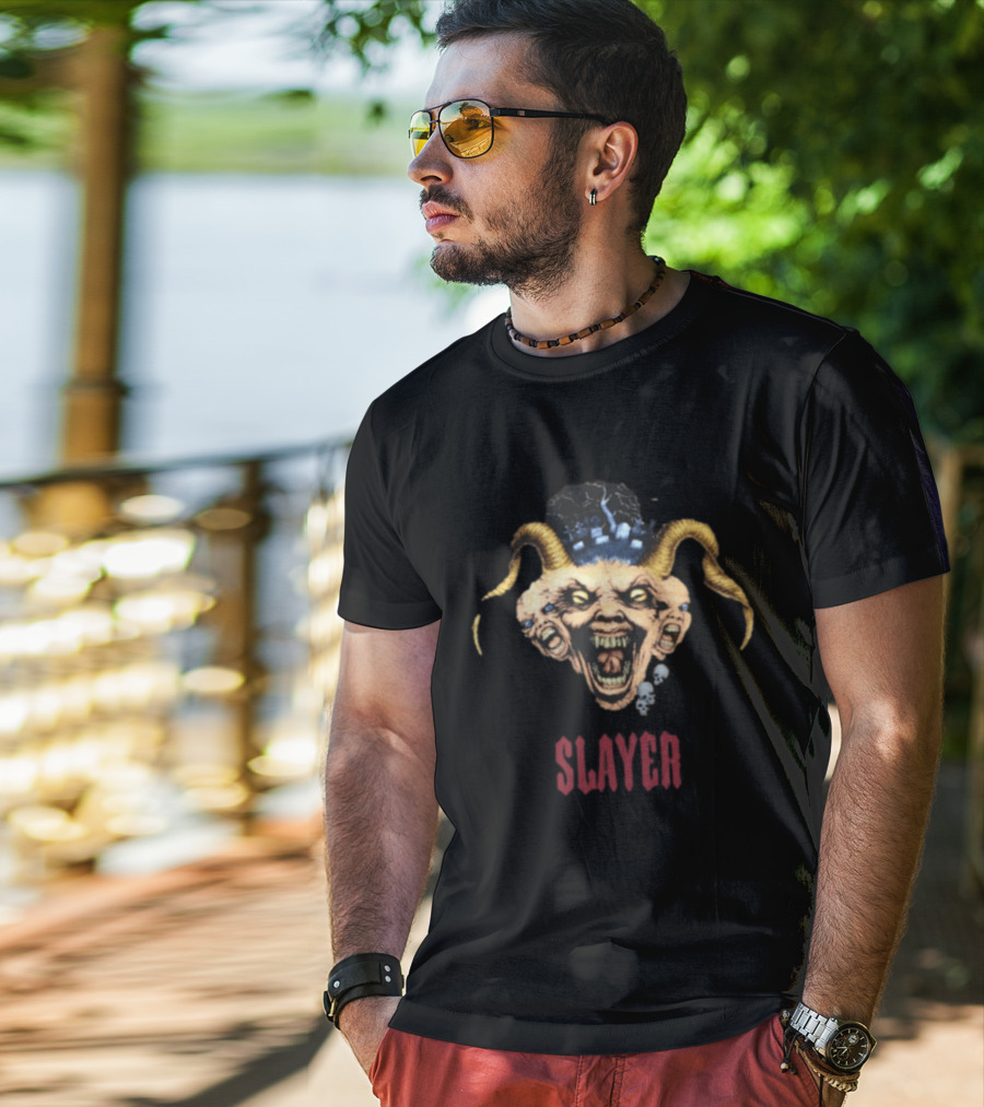 Slayer Triple Demon Head With Horns And Skulls T-Shirt