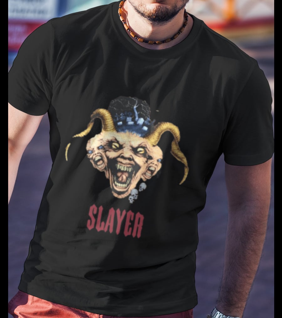 Slayer Triple Demon Head With Horns And Skulls T-Shirt