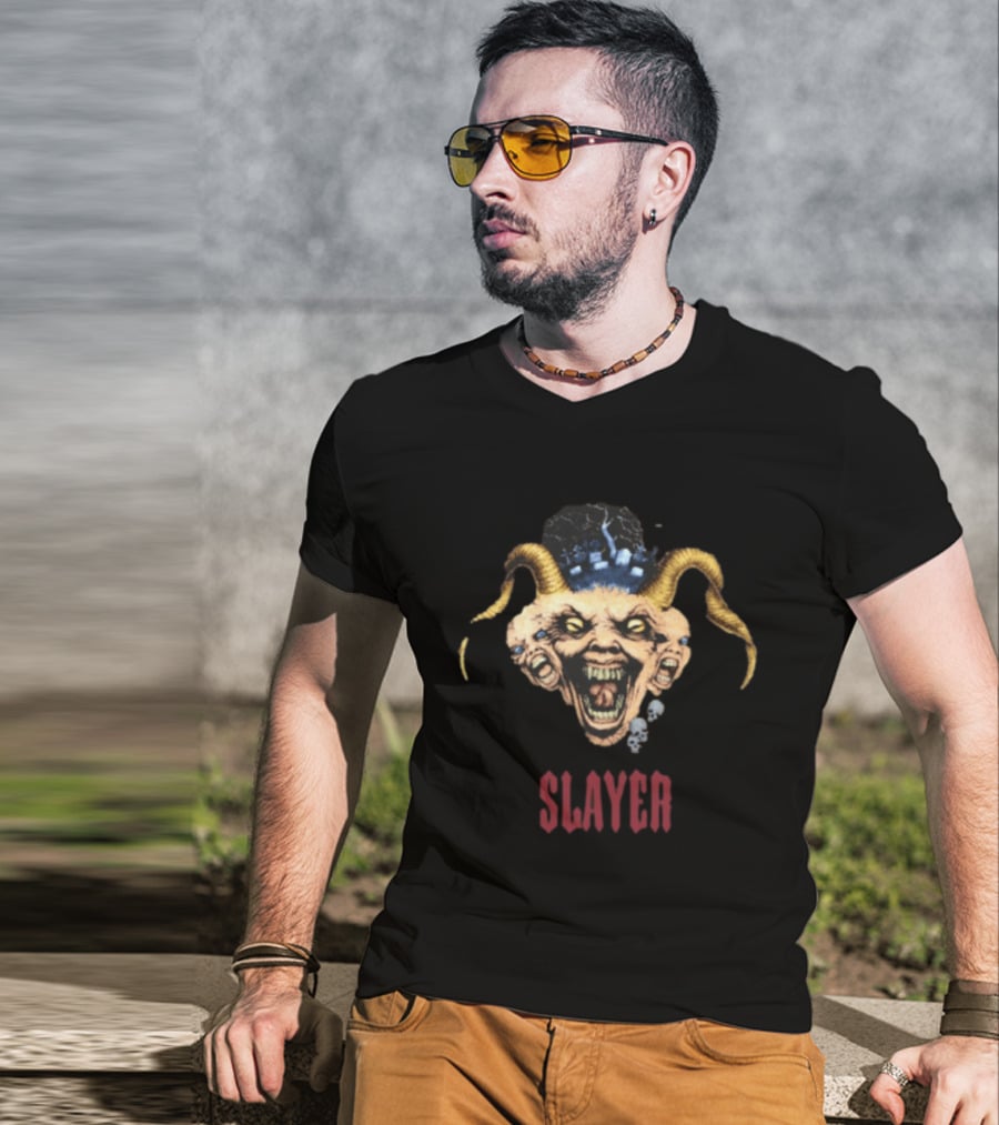 Slayer Triple Demon Head With Horns And Skulls T-Shirt