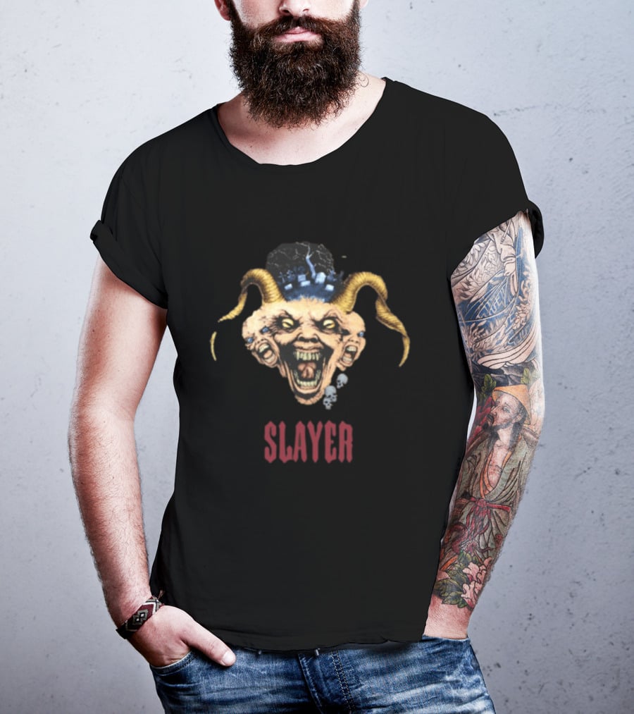 Slayer Triple Demon Head With Horns And Skulls T-Shirt