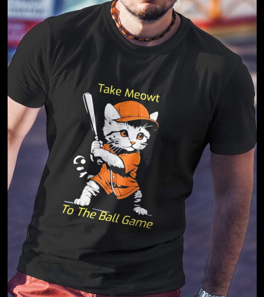Take Meowt To The Ball Game Baseball Cat In Orange Uniform With Bat T-Shirt