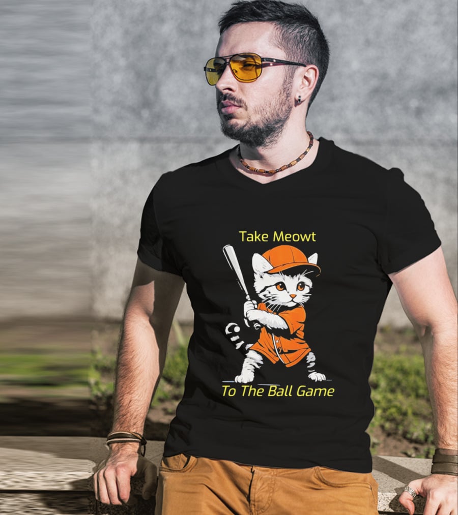 Take Meowt To The Ball Game Baseball Cat In Orange Uniform With Bat T-Shirt