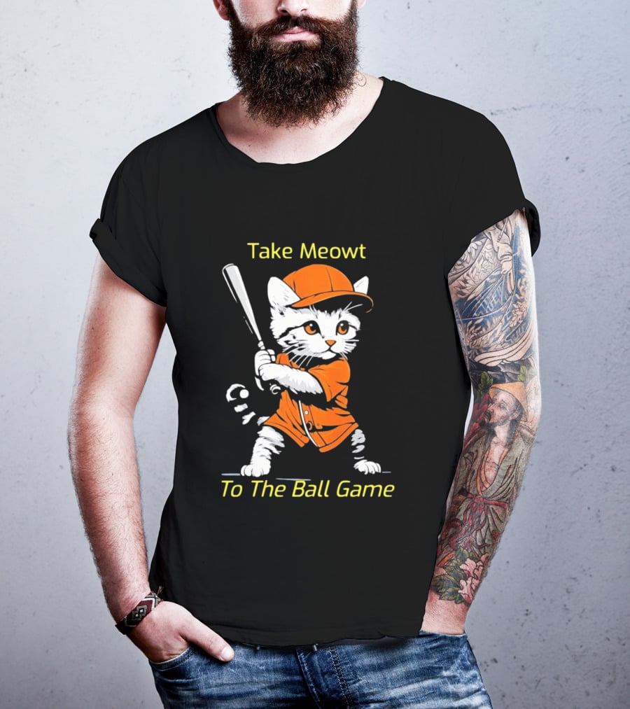 Take Meowt To The Ball Game Baseball Cat In Orange Uniform With Bat T-Shirt