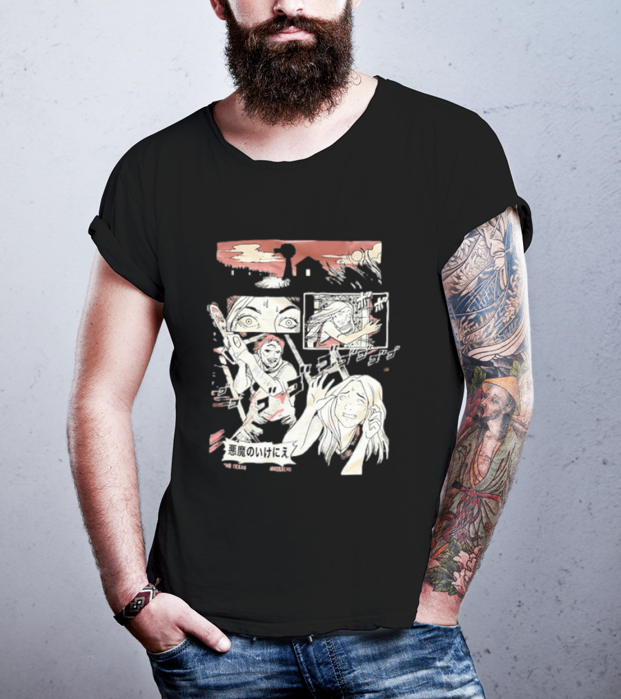 The Texas Chain Saw Massacre Manga Horror Panel With Japanese Text And Chainsaw Action T-Shirt