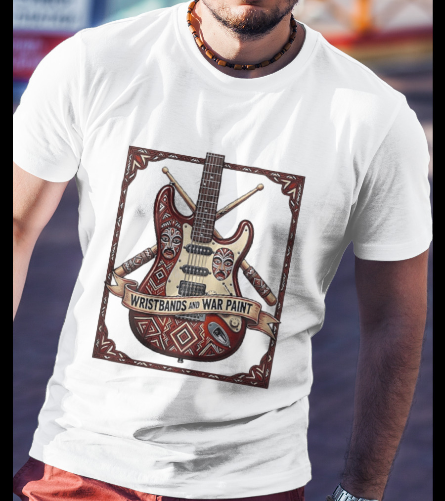 Wristbands And War Paint Electric Guitar Tribal Mask T-Shirt