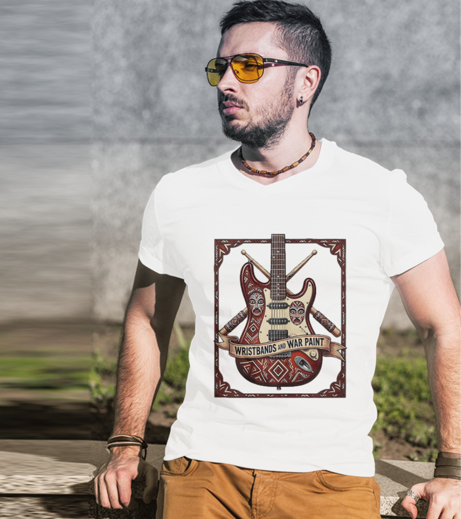 Wristbands And War Paint Electric Guitar Tribal Mask T-Shirt
